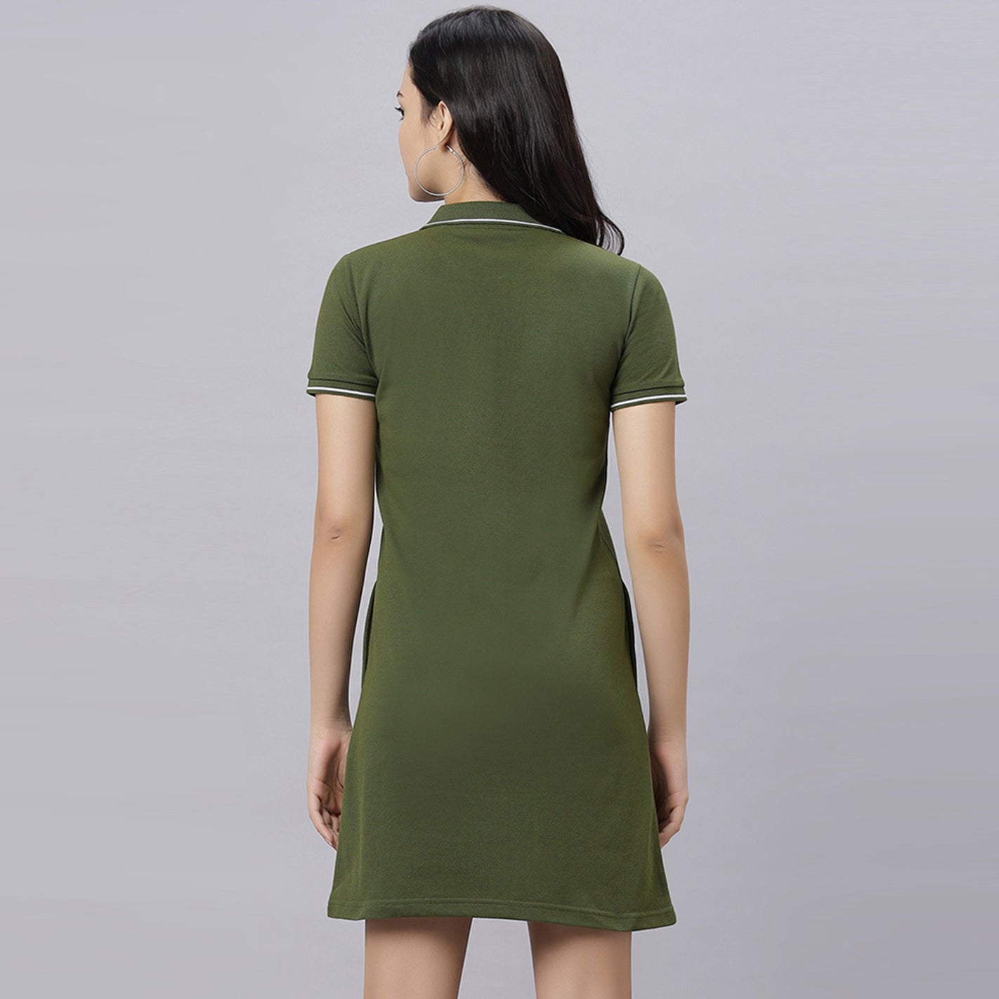 WYO Olive polo dress back view showing tipped collar and A-line silhouette
