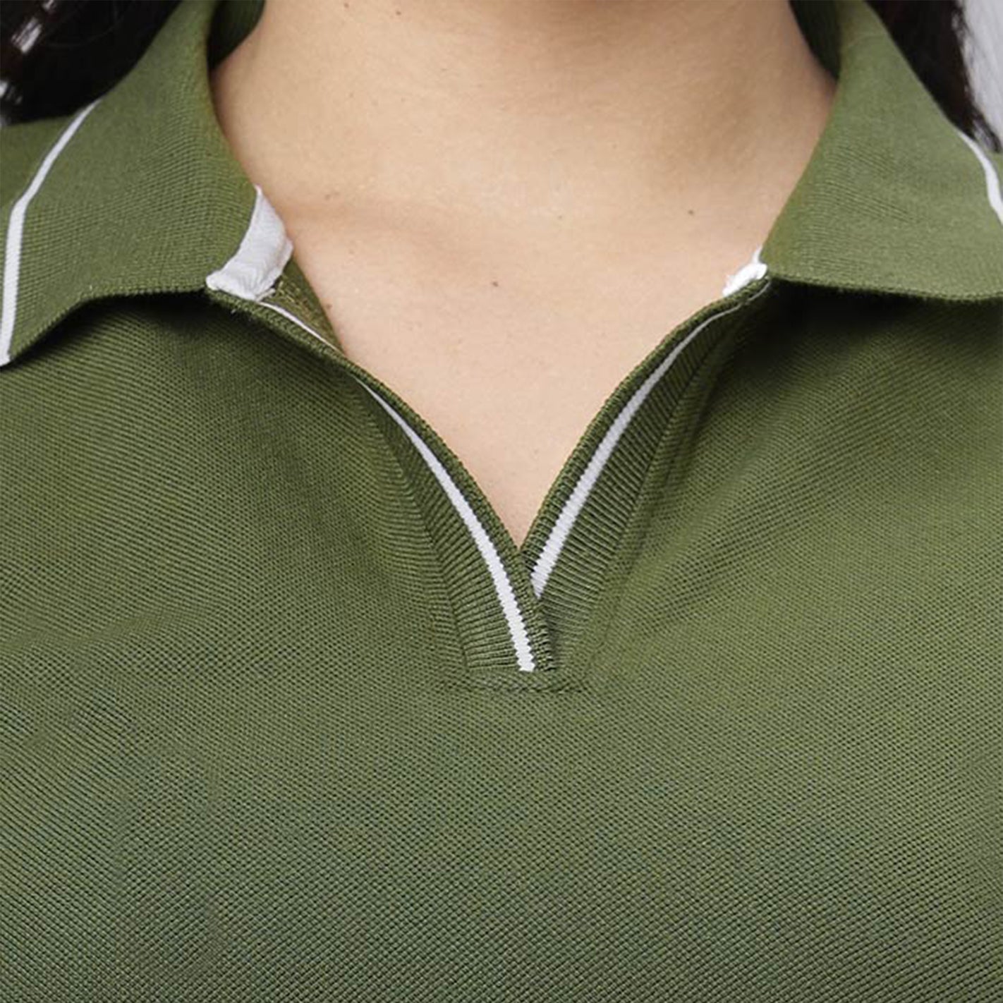 WYO Olive polo dress with white tipped collar and V-neck detail