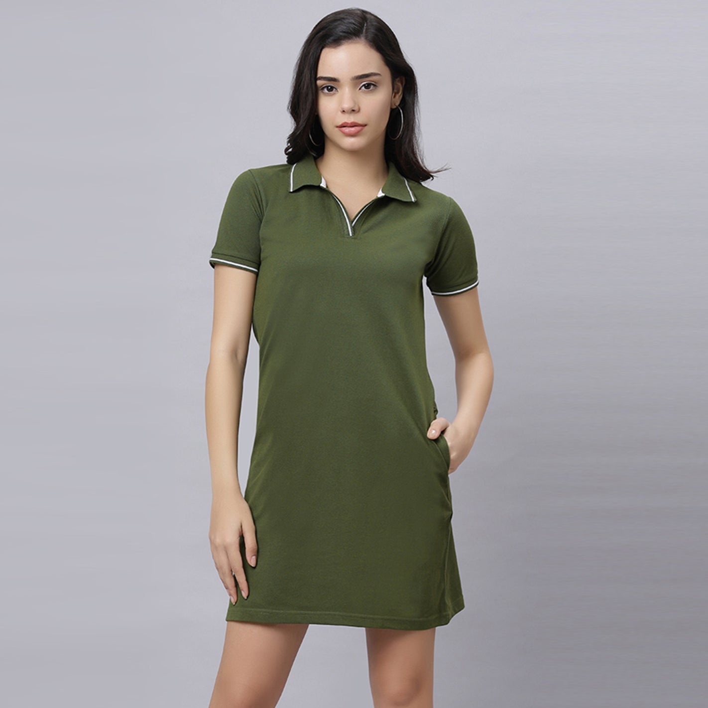 WYO olive polo dress front view with side pockets and tipped collar