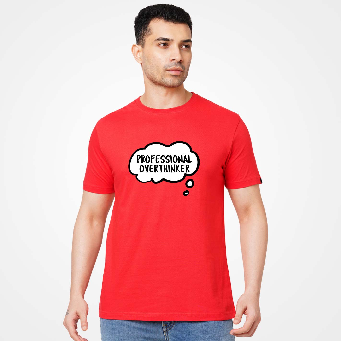 Man wearing a WYO red t-shirt with 'Professional Overthinker' text on a white background