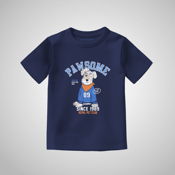 Front View of WYO Pawsome Kids T-Shirt in Navy