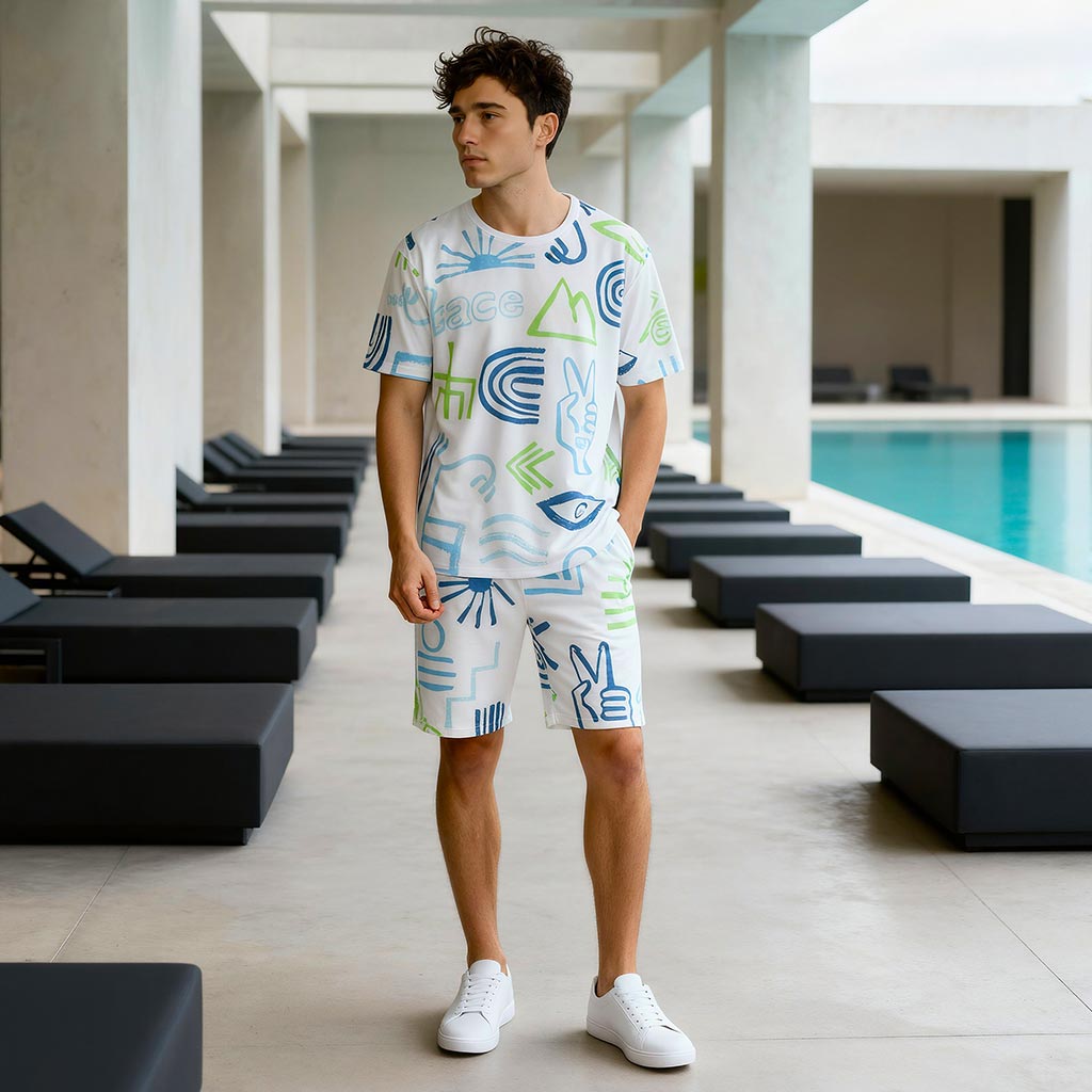 Man wearing a WYO Peace Lifestyle Co-Ord Set standing by a poolside.