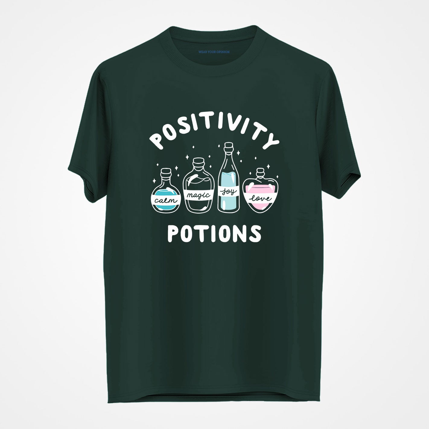 WYO Design with bottles labeled 'calm', 'magic', 'joy', and 'love' on a dark background with 'Positivity Potions' text.