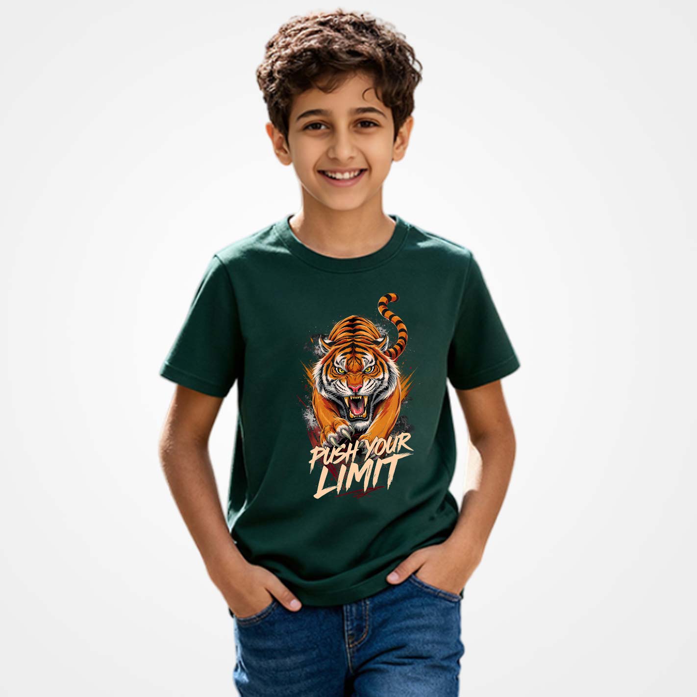 Child wearing a WYO BottleGreen t-shirt with a tiger graphic and 'Push Your Limit' text on a white background