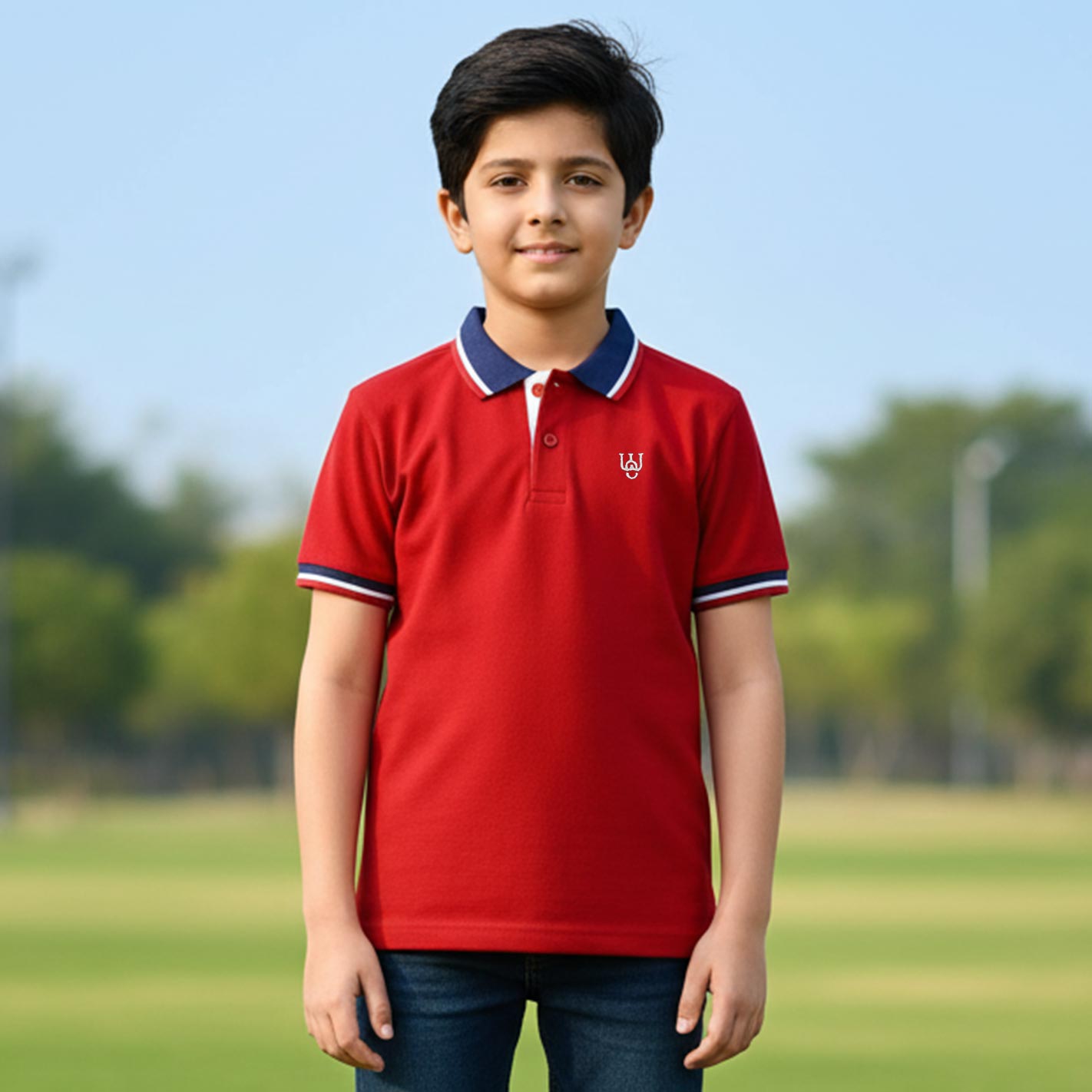 Kid wearing a WYO red polo shirt with a logo, standing outdoors with a blurred green background