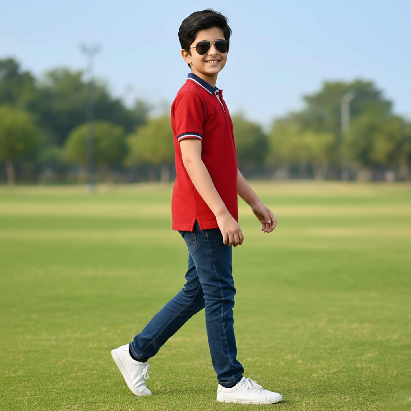Kid wearing a WYO red polo shirt and sunglasses walking on a grassy field.