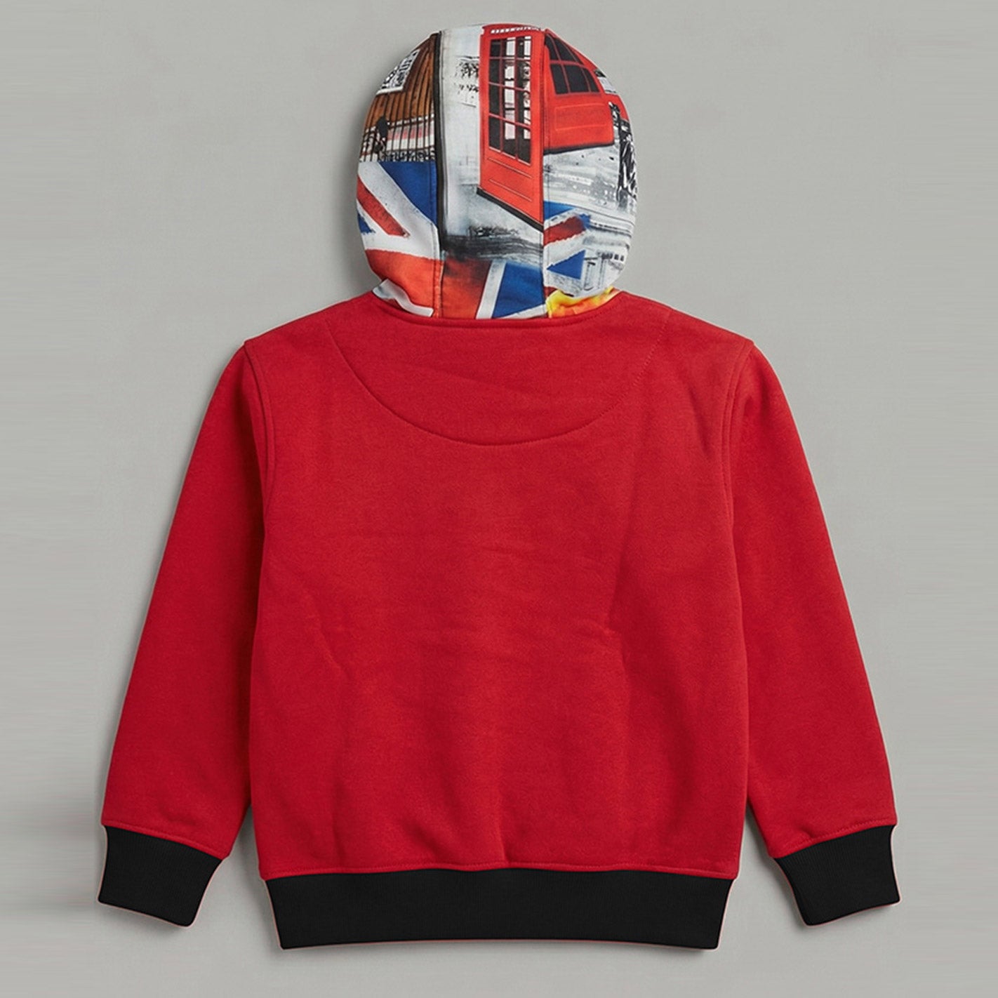 WYO Red hoodie with a colorful hood on a gray background