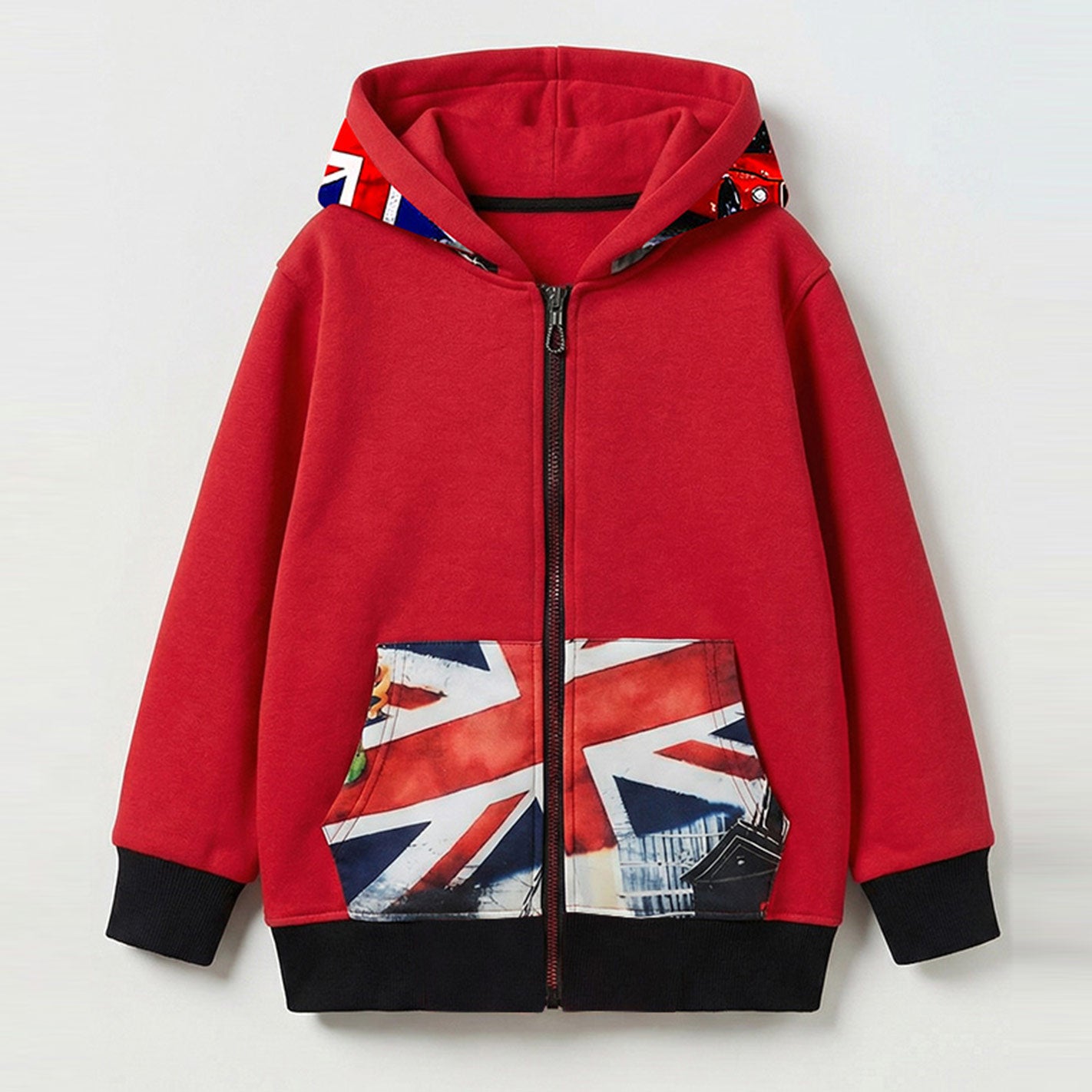 WYO Red hoodie with Union Jack design on a light gray background