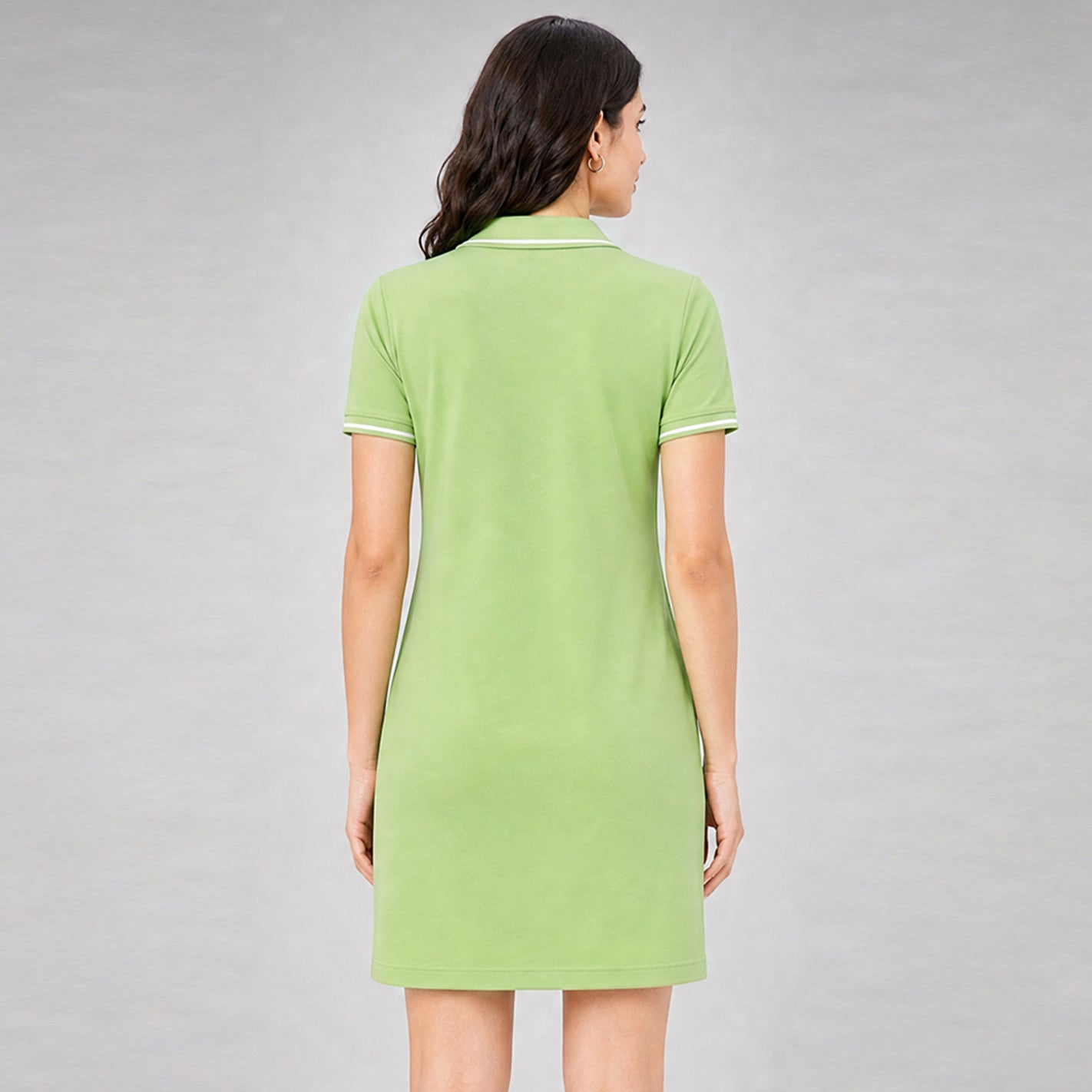 WYO Sage green polo dress back view showing tipped collar and A-line silhouette