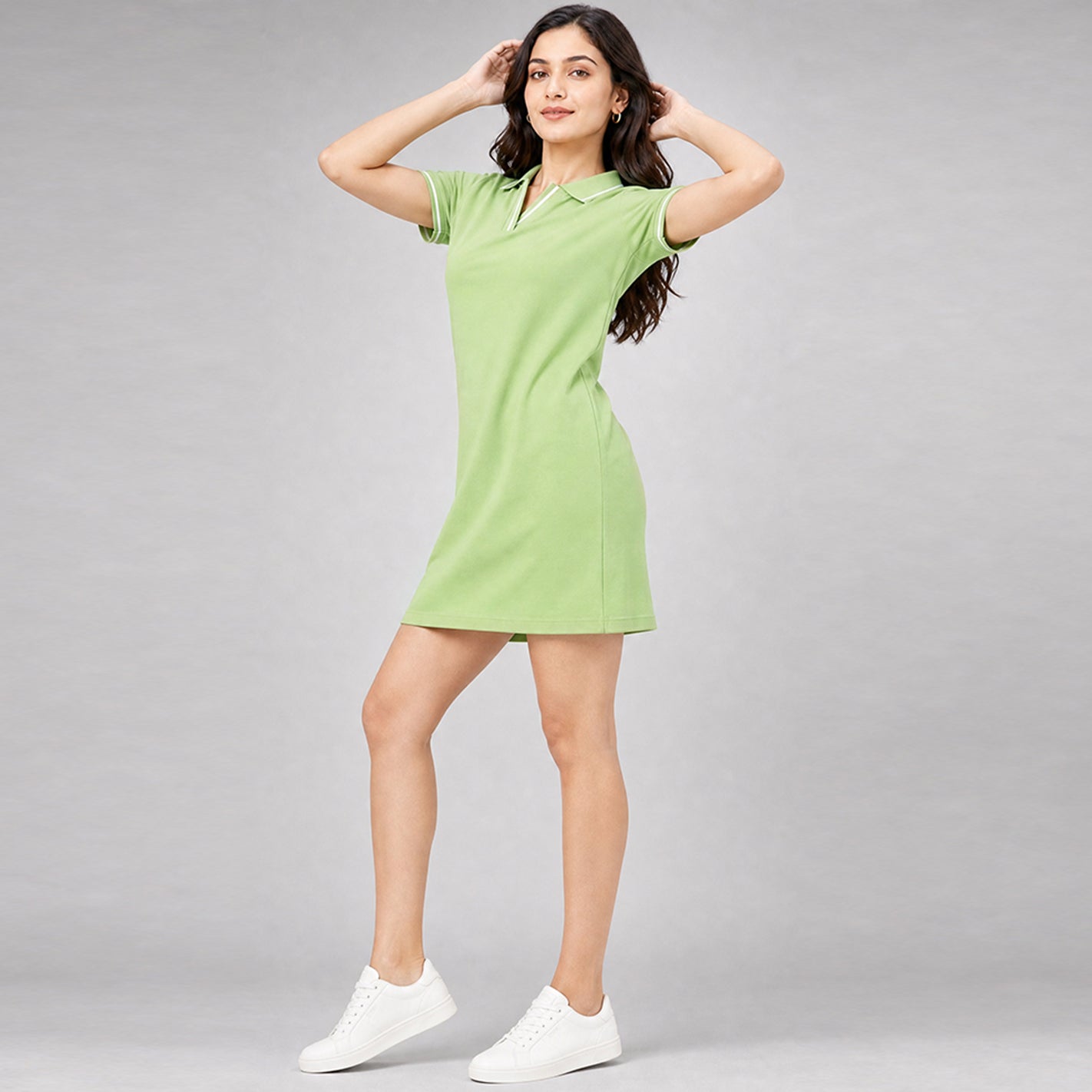 WYO saga green polo dress front view with side pockets and tipped collar