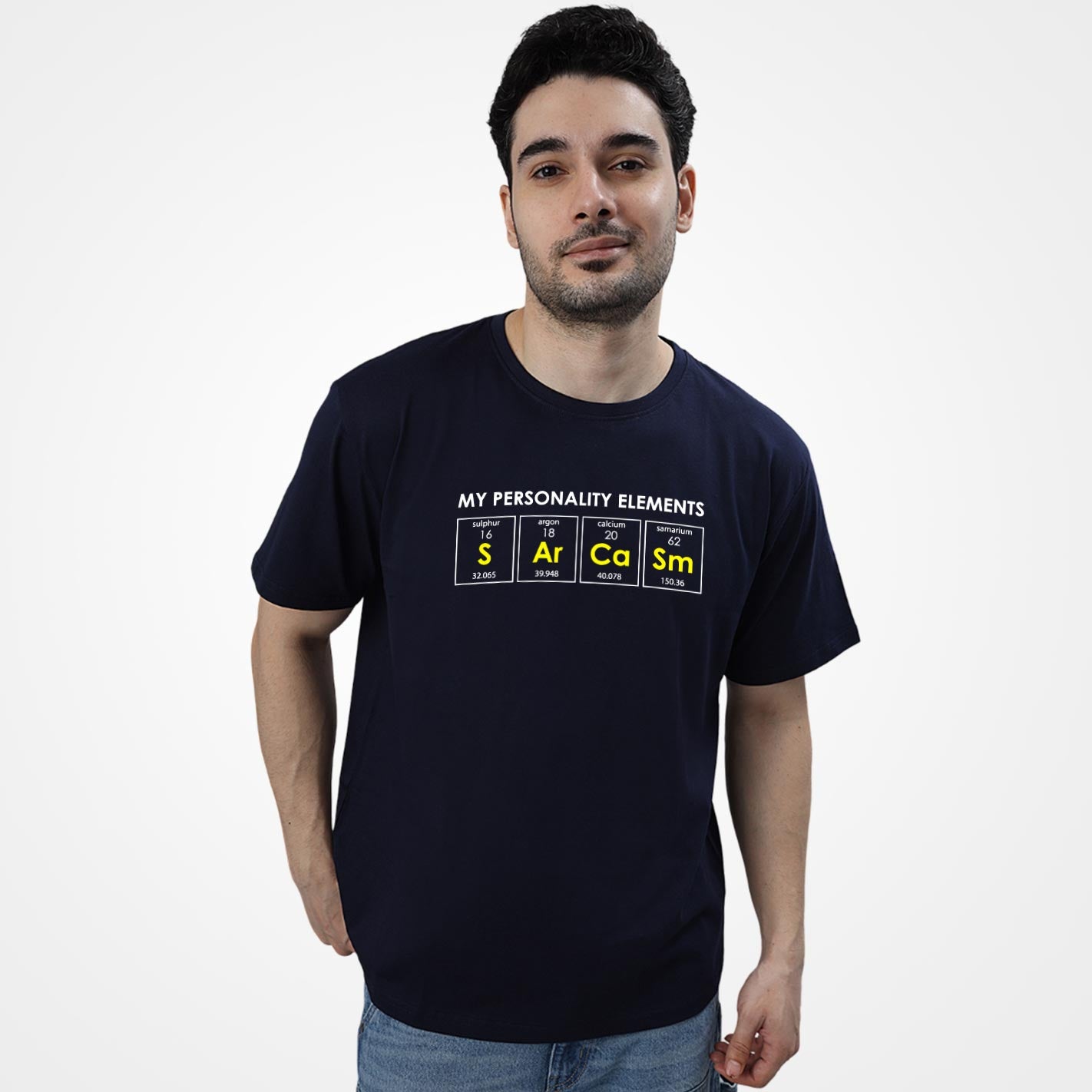 Man wearing a WYO Navy t-shirt with a humorous periodic table design on a white background