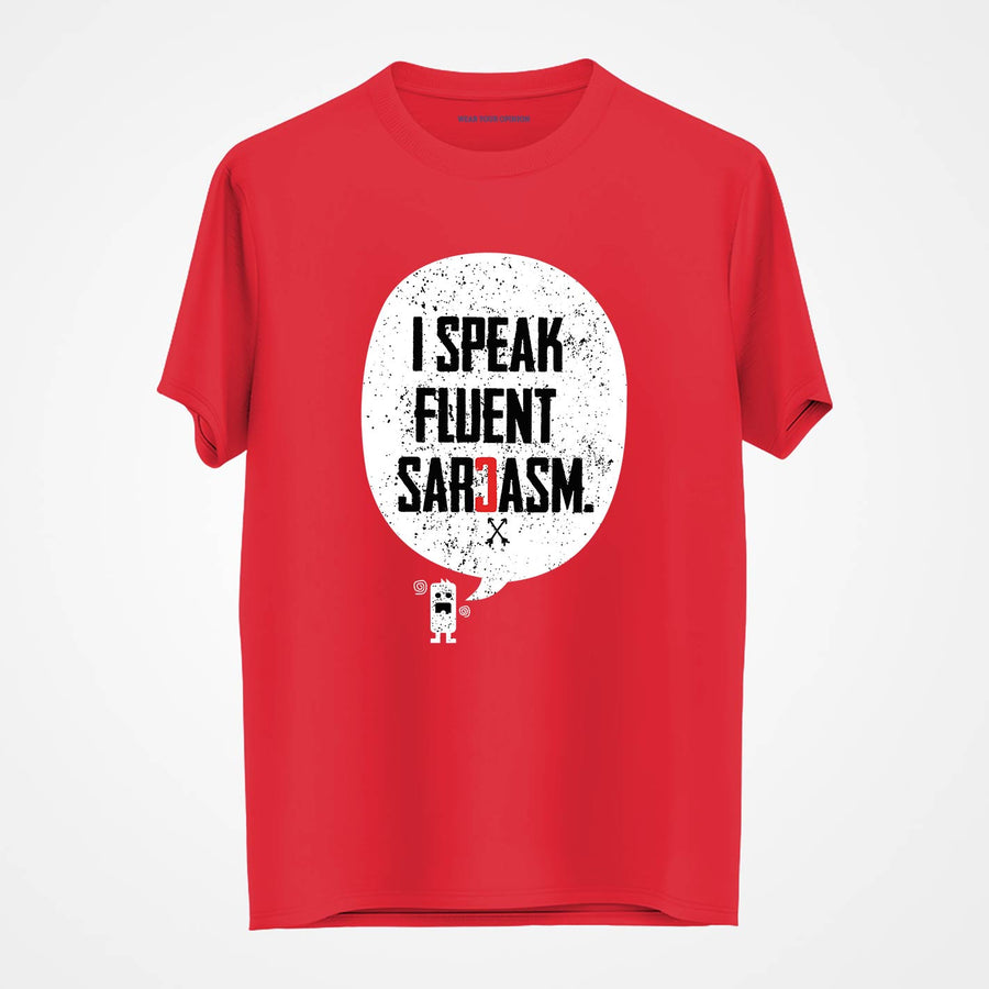 WYO Red t-shirt with a graphic and text 'I speak fluent sarcasm' on a white background