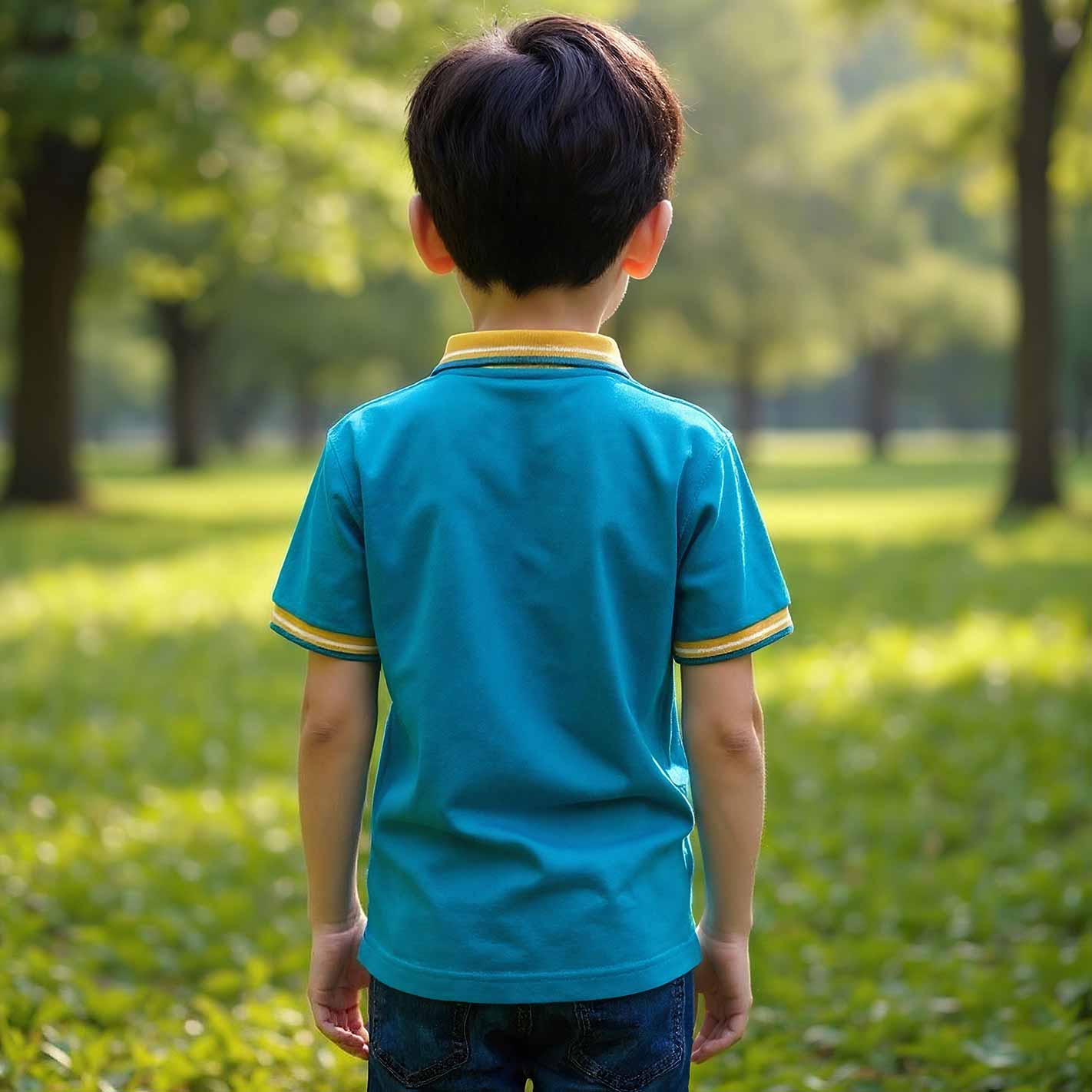 Back view of a Kid wearing a WYO Teal blue shirt with yellow trim standing in a park