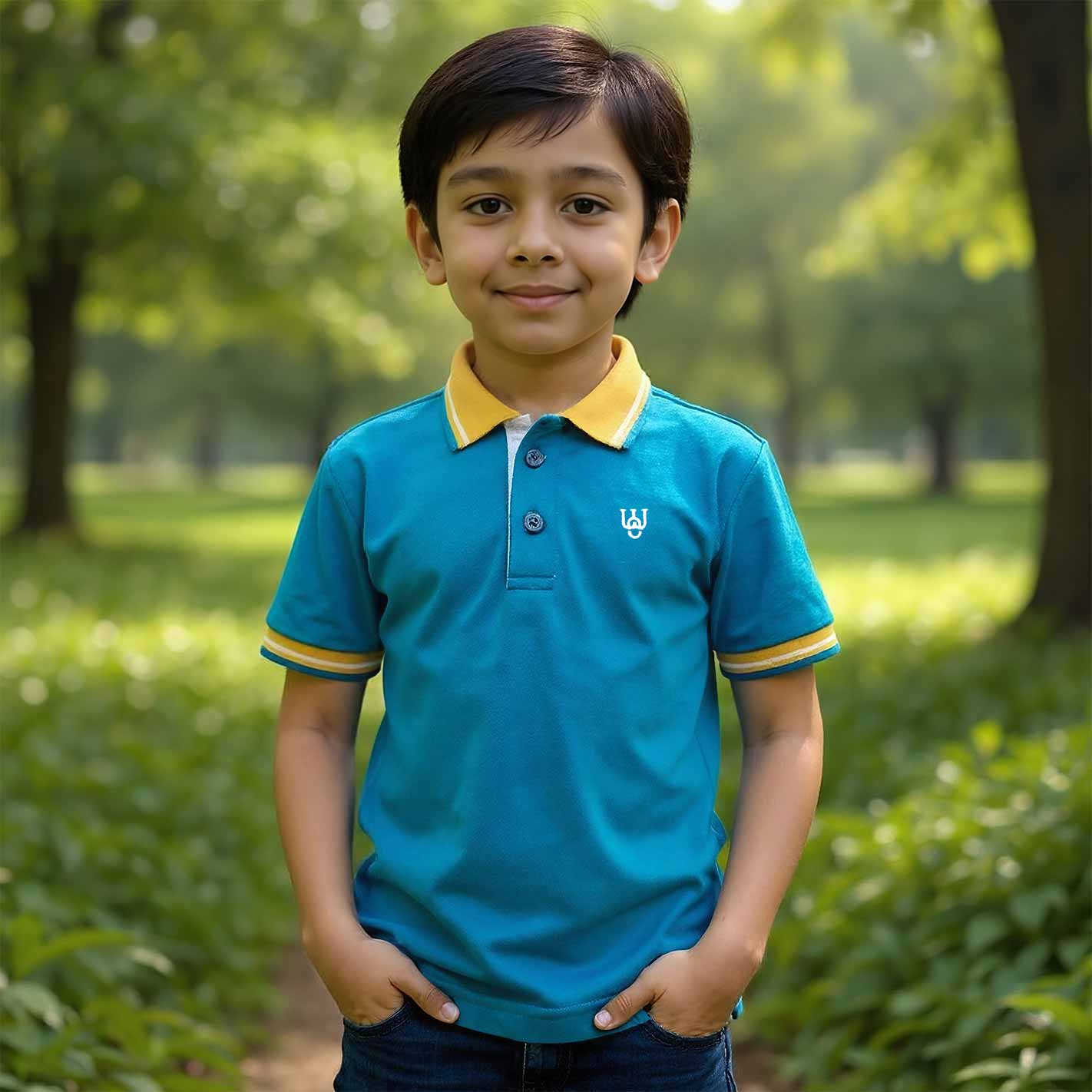 Kid wearing a WYO Teal blue polo shirt with yellow accents in a park setting