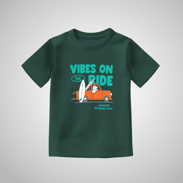 Front View of WYO Vibes on Ride Kids T-Shirt in Bottlegreen