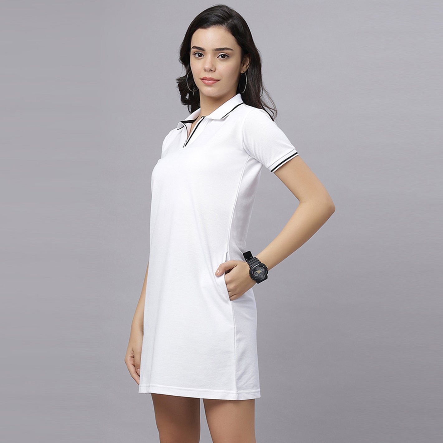 WYO White polo dress front view with side pockets and tipped collar