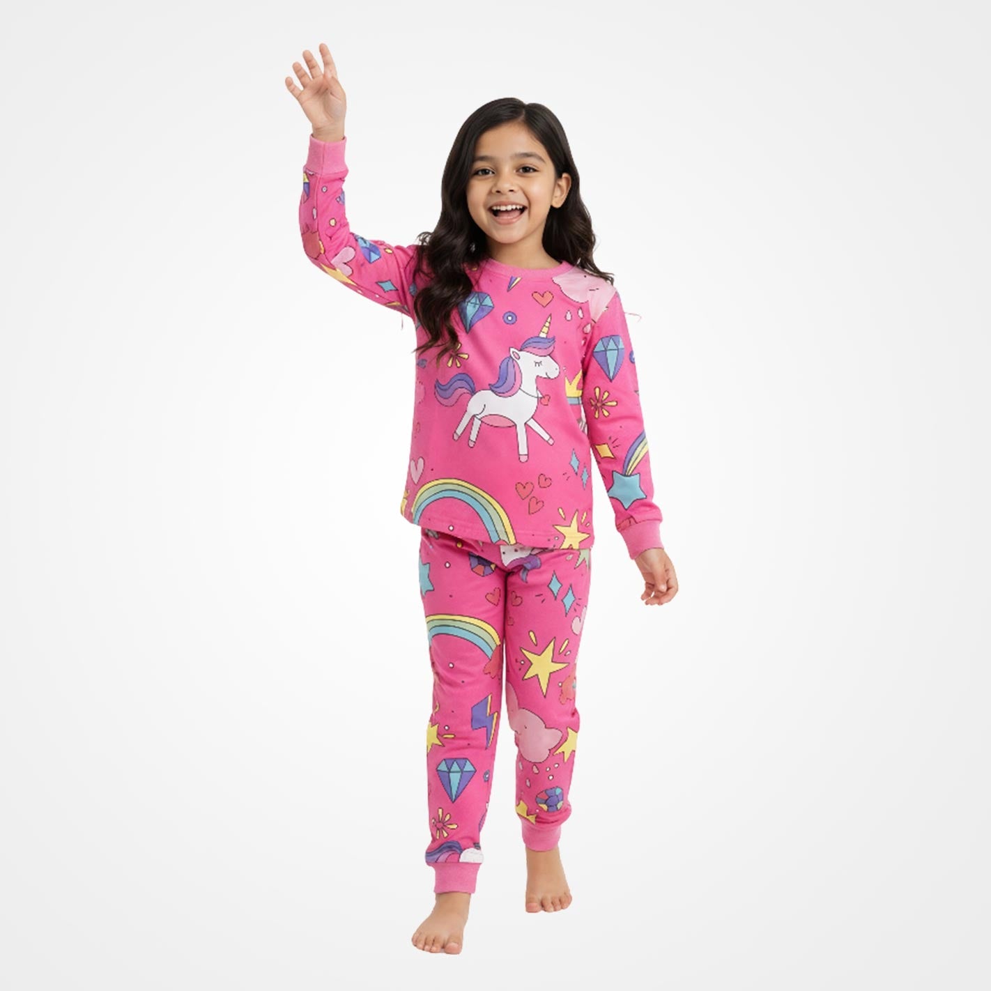  Kid wearing a WYO pink pajamas with colorful designs on a white background